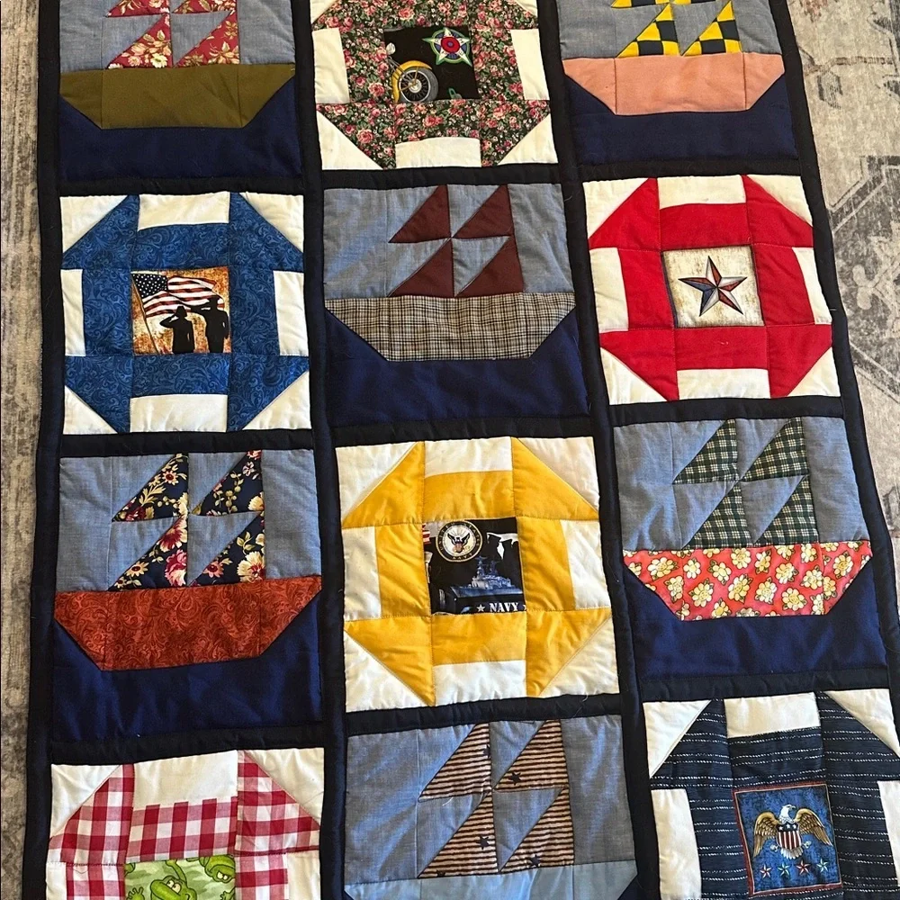 Vintage Handmade Naval Themed Commemorative Patchwork Quilt Size 34” x 55”
